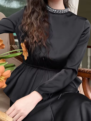 Elite Satin Beaded Decor Pencil Black Skirt Set