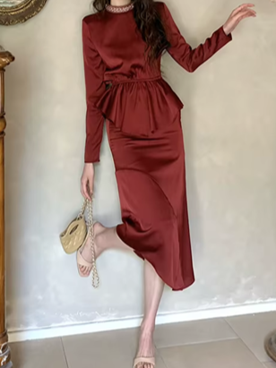 Elite Satin Beaded Decor Pencil Red Skirt Set
