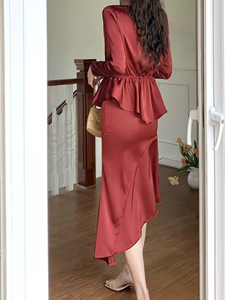 Elite Satin Beaded Decor Pencil Red Skirt Set