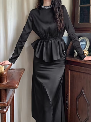 Elite Satin Beaded Decor Pencil Black Skirt Set