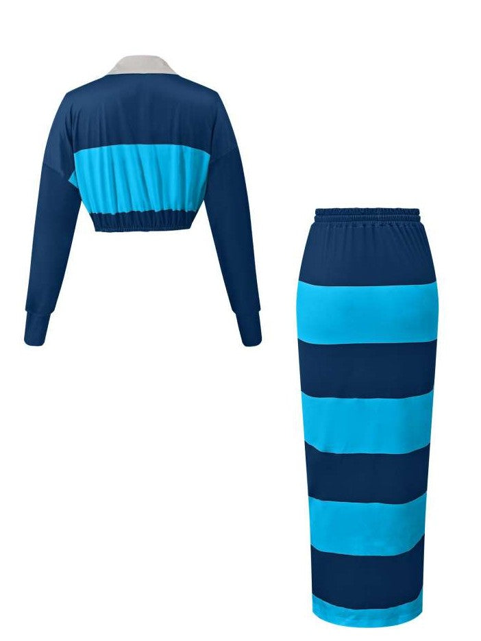 Evergreen Stripes Contrast Cropped Polo Skirt Blue Co ord Set