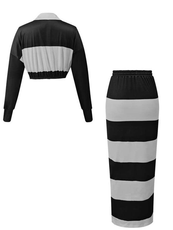 Evergreen Stripes Contrast Cropped Polo Skirt Black Co ord Set