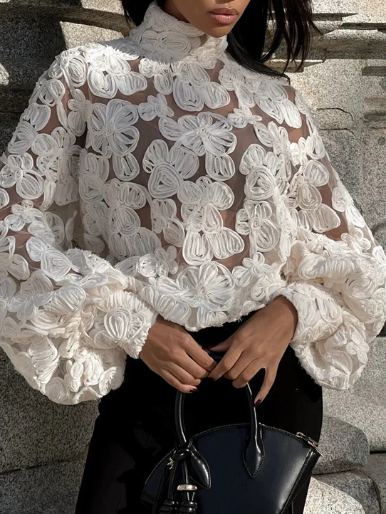 Exclusive Applique See Through Lantern Sleeve Turtle Neck White Top