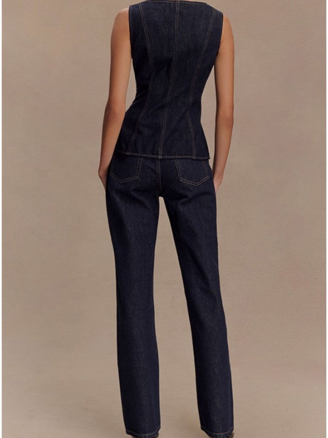 Exclusive Buckle Decor Deep Blue Denim Co ord Set