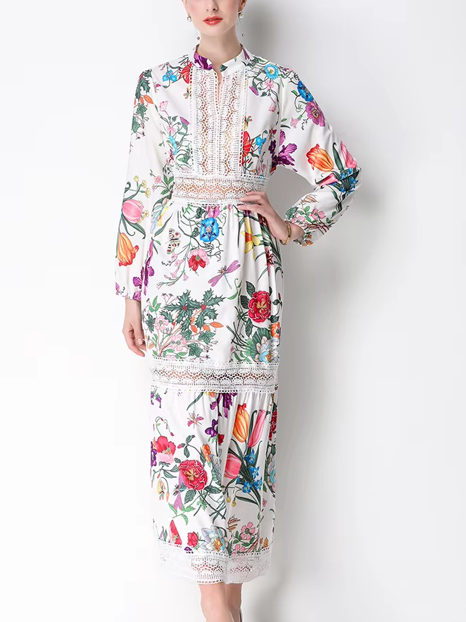 Exclusive Flower Print Hollow Out Lace Long Sleeve Dress