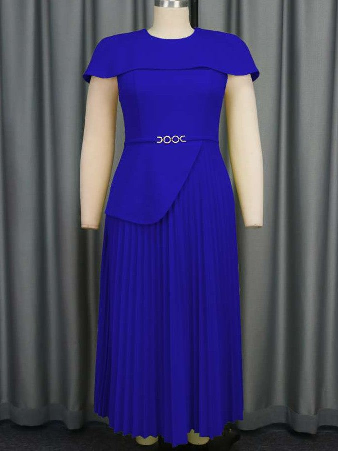 Modern Pleated Crewneck Cape Sleeve Maxi Dress