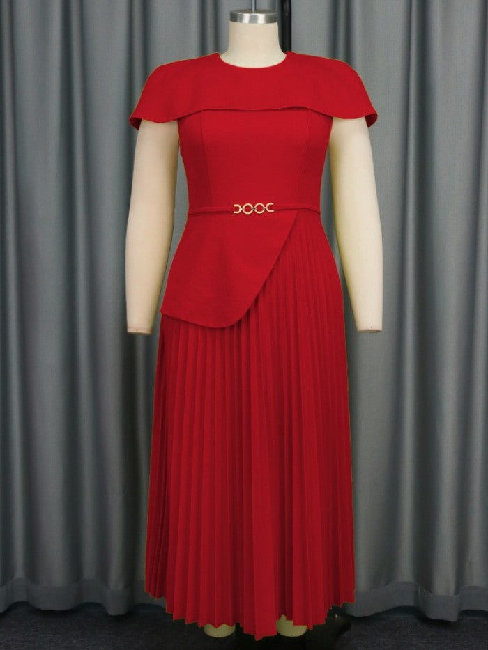 Modern Pleated Crewneck Cape Sleeve Red Maxi Dress