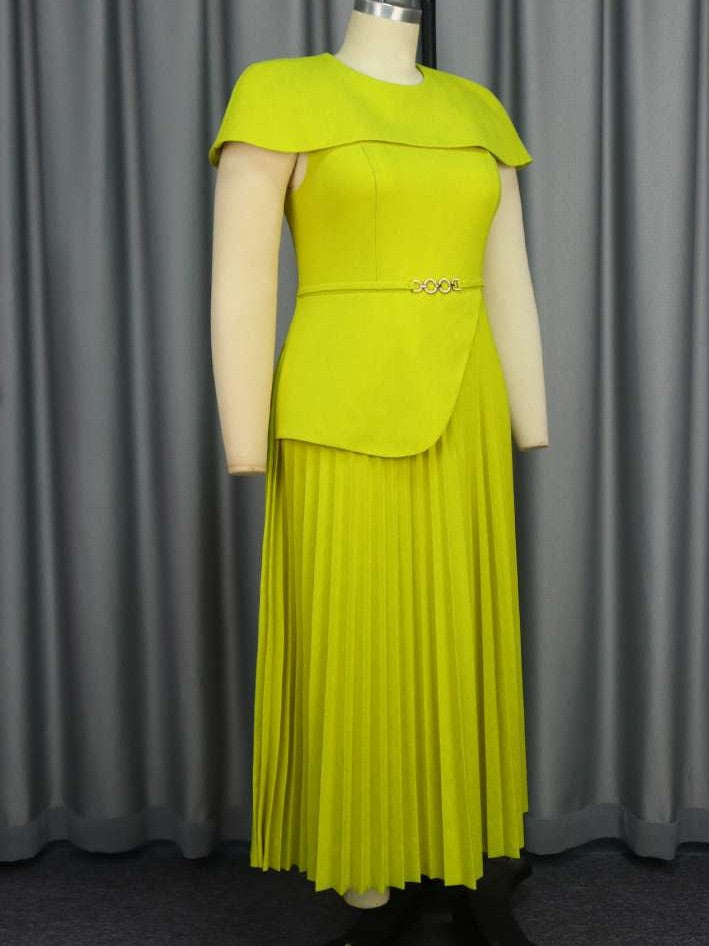 Modern Pleated Crewneck Cape Sleeve Green Maxi Dress