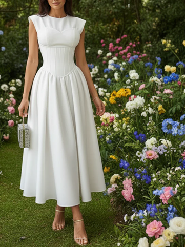Exclusive Short Sleeve White Corset Flare Midi Dress