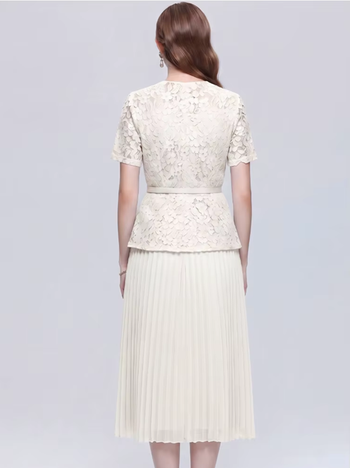 Exquisite Lace Apricot Pleated Dress