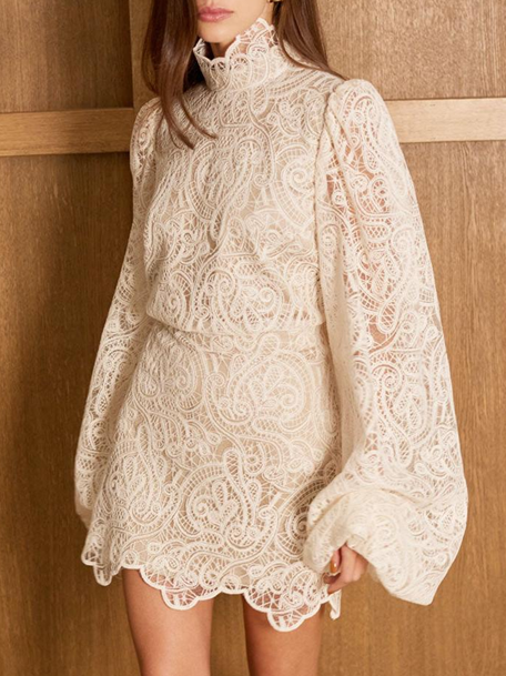 Exquisite Lantern Sleeve Turtle Neck Top WIth Skirt White Lace Set