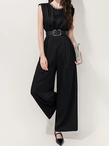 Fabulous Black Beaded Sleeveless Wide Leg Jumpsuit