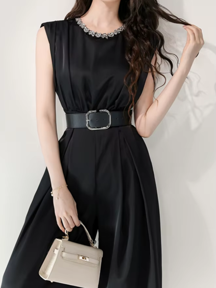 Fabulous Black Beaded Sleeveless Wide Leg Jumpsuit