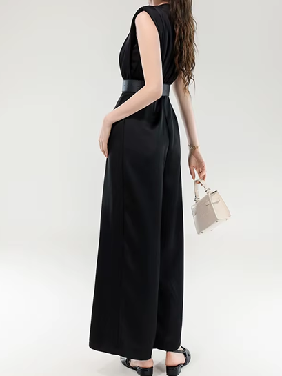 Fabulous Black Beaded Sleeveless Wide Leg Jumpsuit