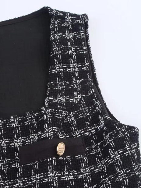 Fabulous Black Tweed Button Decor Sleeveless Midi Dress
