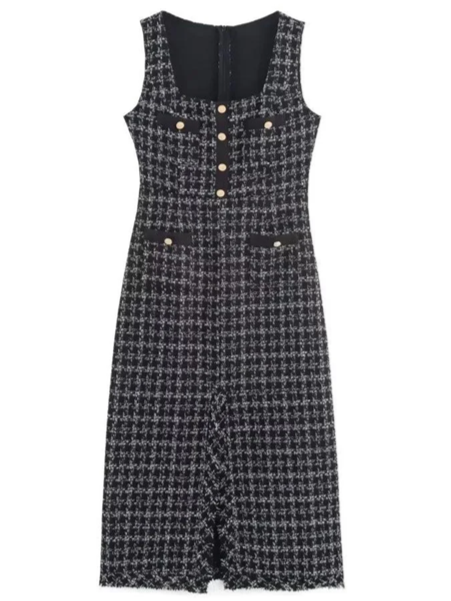 Fabulous Black Tweed Button Decor Sleeveless Midi Dress