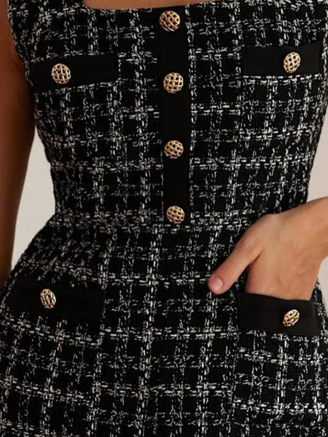 Fabulous Black Tweed Button Decor Sleeveless Midi Dress