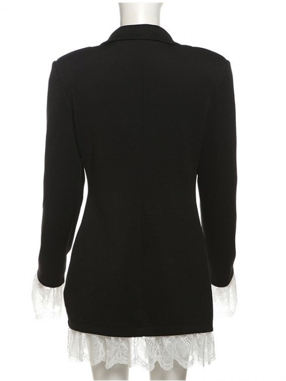 Fabulous Lace Panel Black Lapel Blazer Mini Dress - Ships in 24 Hrs