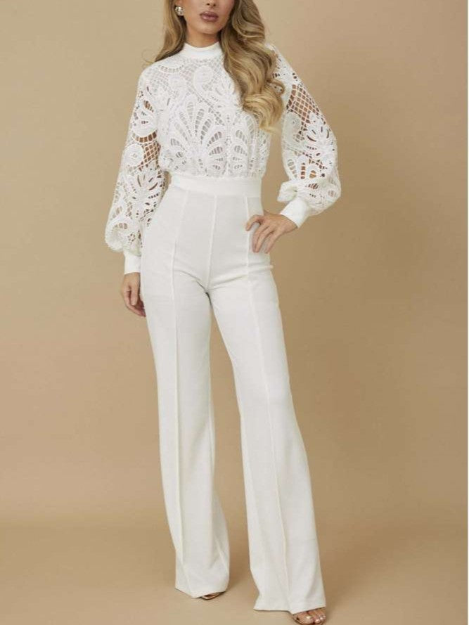 Fabulous Lacework White See Through Wide Leg Jumpsuit