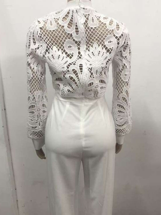 Fabulous Lacework White See Through Wide Leg Jumpsuit