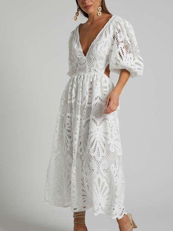 Fabulous Lantern Sleeve Lace V Neck Dress