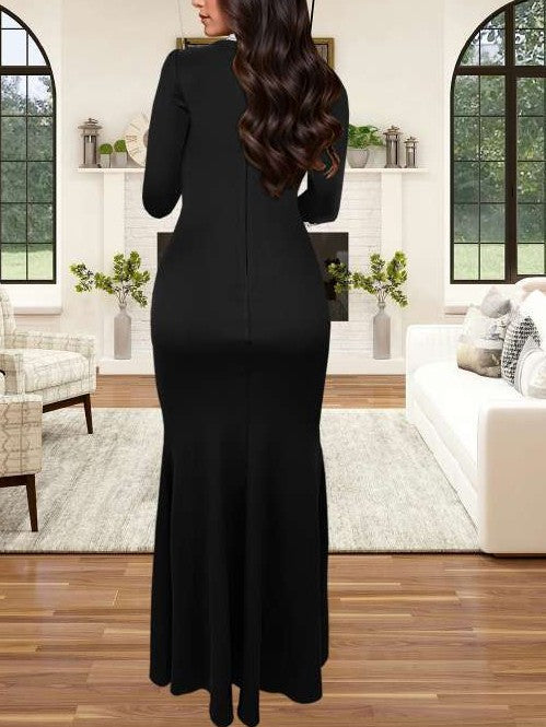 Fabulous Rhinestones Mock Neck Split Hem Black Maxi Dress - Ships in 24 Hrs