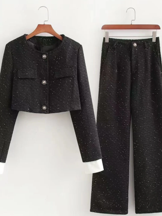 Fabulous Tweed Sequin Crop Coat With Wide Leg Pant Co ord Black Set