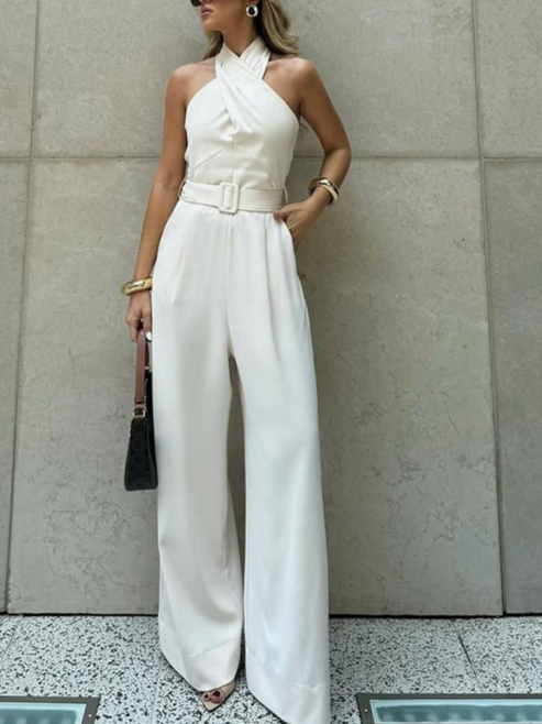 Fabulous White Wide Leg Halterneck Jumpsuit With Belt