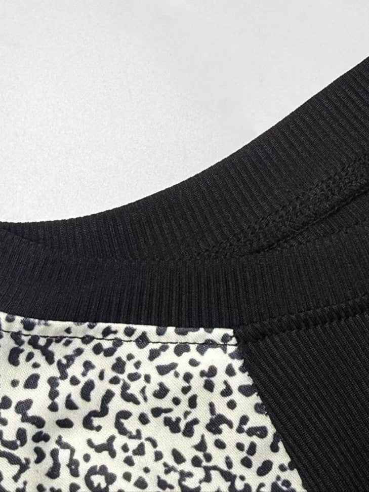 Fashionable Long Sleeve Side Leopard Bodycon Black Midi Plus Dress