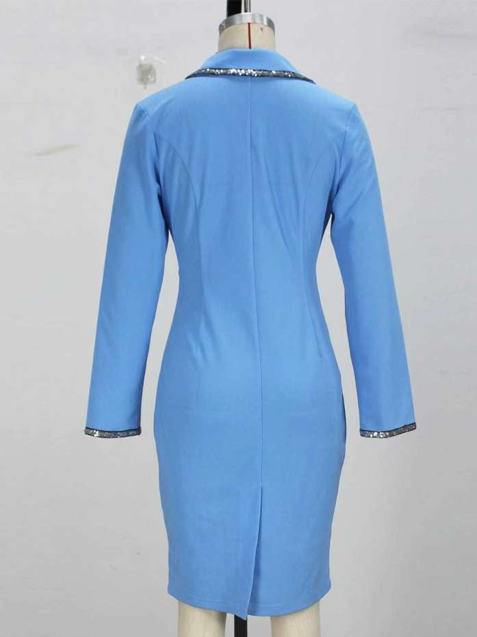 Fashionable V Neck Sequin Split Hem Blue Dress