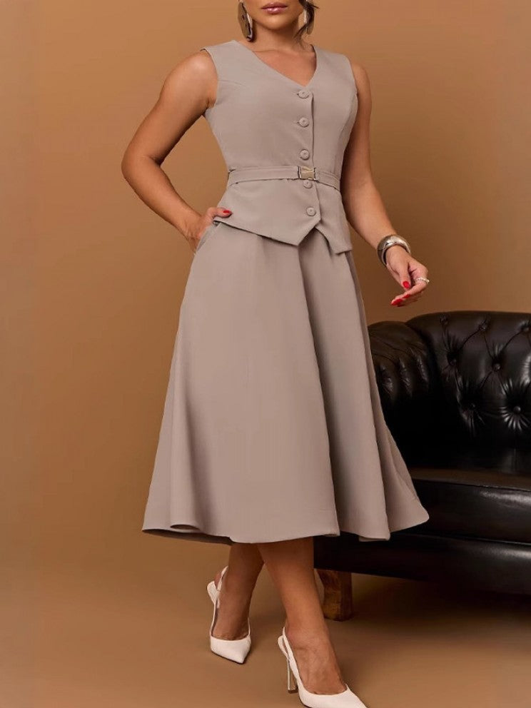 Formal Style V Neck Button Up A Line Skirt Set