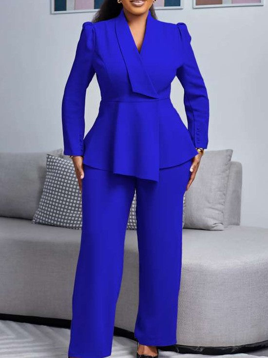 Formal Wear Asymmetrical Hem Tailored Collar Wide Leg Pants Blue Set