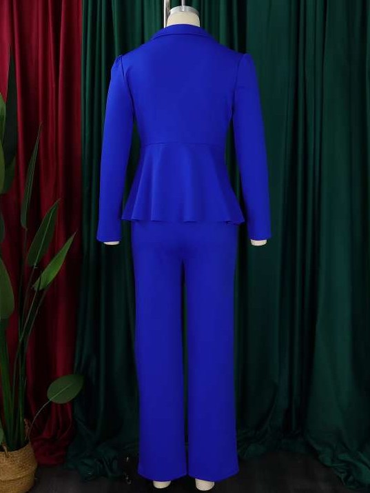 Formal Wear Asymmetrical Hem Tailored Collar Wide Leg Pants Blue Set