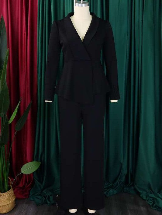 Formal Wear Asymmetrical Hem Tailored Collar Wide Leg Pants Black Set