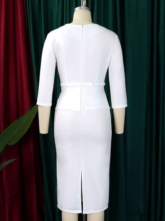 Formal Wear Lapel Three Quarter Sleeve White Sheath Dress