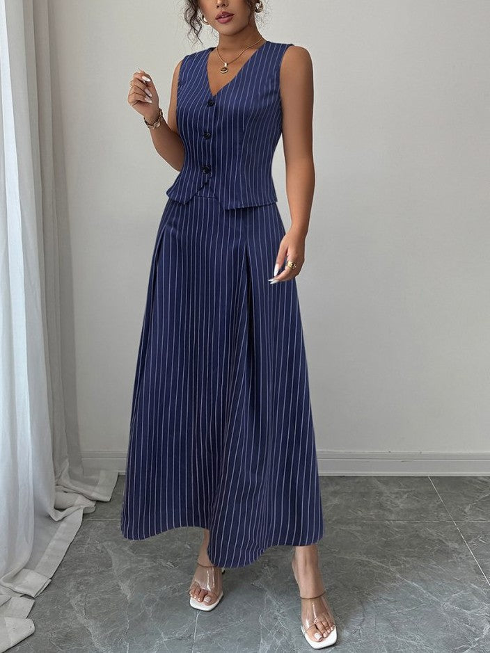 Formal Wear Striped V Neck Vest With Skirt Blue Set