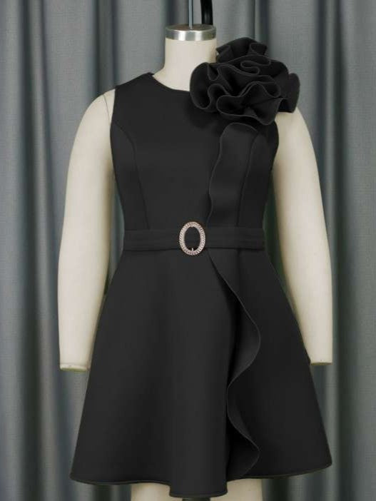 Glamorous Flower Decor High Rise Black Sleeveless Dress