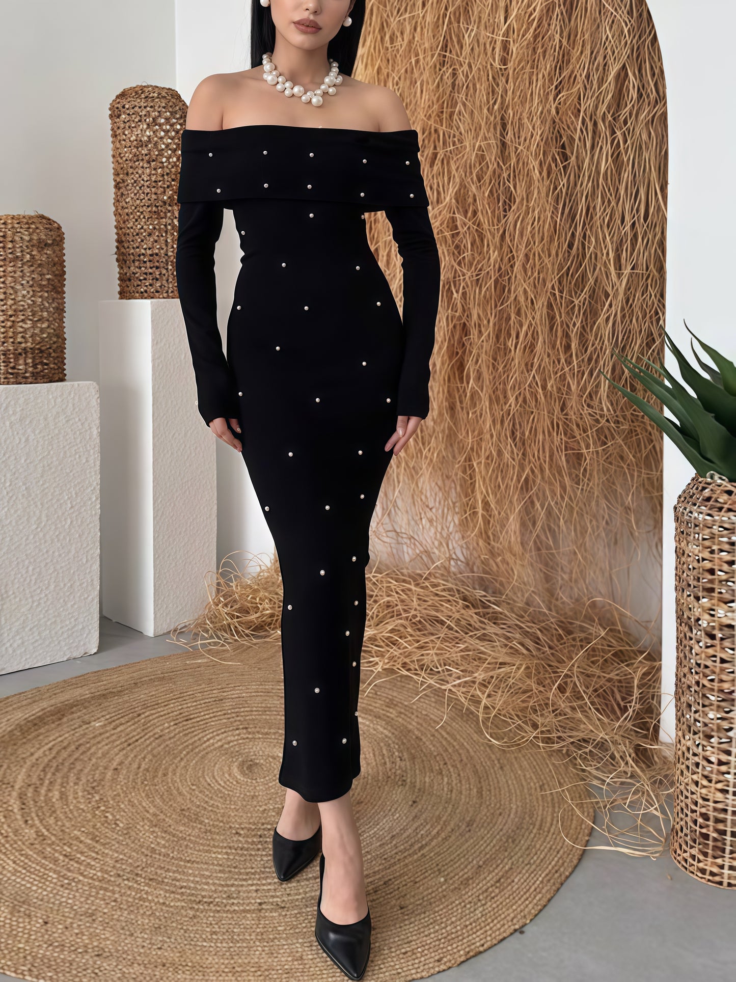 Gorgeous Black Pearl Decor Off Shoulder Long Sleeve Maxi Dress