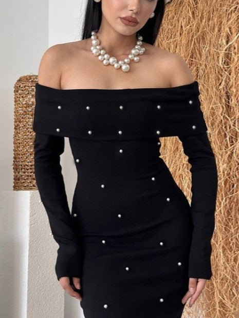 Gorgeous Black Pearl Decor Off Shoulder Long Sleeve Maxi Dress