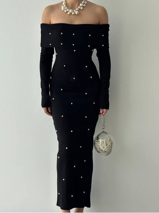Gorgeous Black Pearl Decor Off Shoulder Long Sleeve Maxi Dress