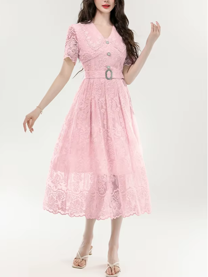 Gorgeous Floral Crochet Hollow Out Pink Party Dress