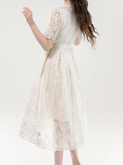 Gorgeous Floral Crochet Hollow Out Apricot Party Dress