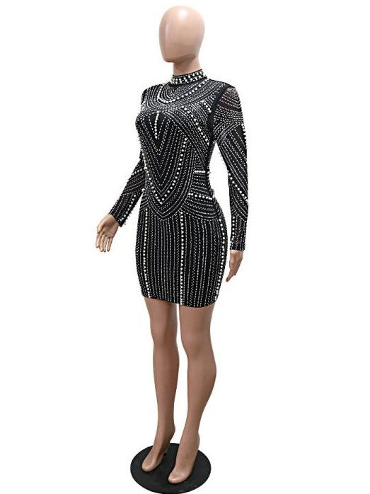 Gorgeous Rhinestones Crewneck Long Sleeve Party Mini Dress