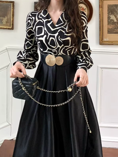 Gorgeous Satin Splicing Long Sleeve Black Printed Dress - Ships in 24 Hrs