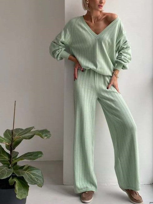 Leisure Wear V Neck Loose Green Pant Set