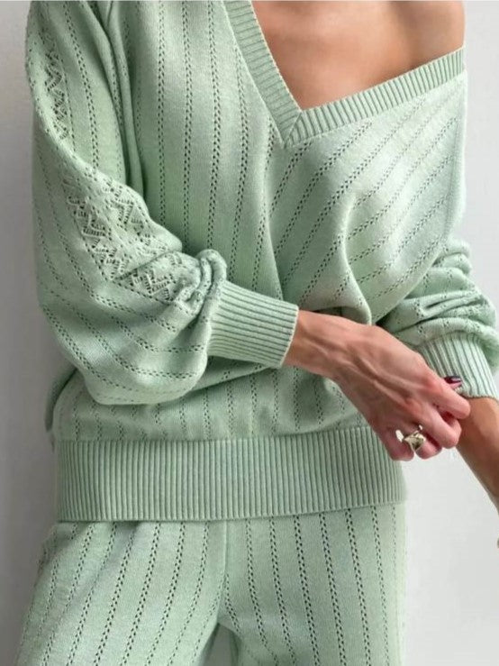 Leisure Wear V Neck Loose Green Pant Set