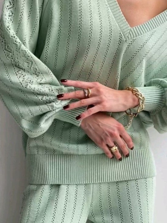 Leisure Wear V Neck Loose Green Pant Set
