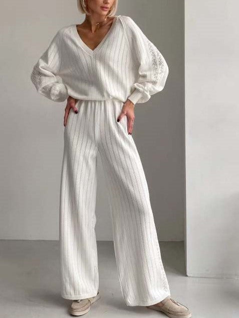 Leisure Wear V Neck Loose White Pant Set