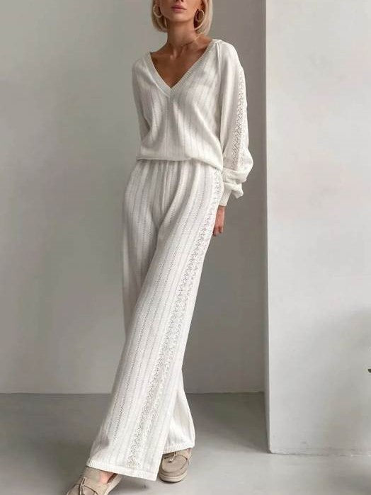 Leisure Wear V Neck Loose White Pant Set