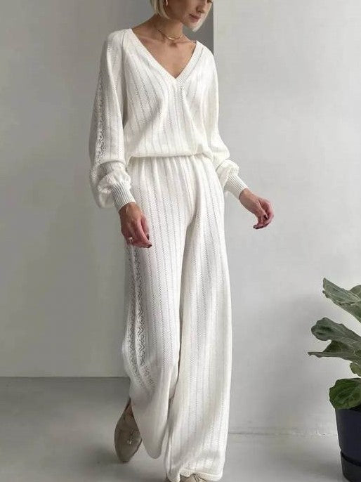 Leisure Wear V Neck Loose White Pant Set